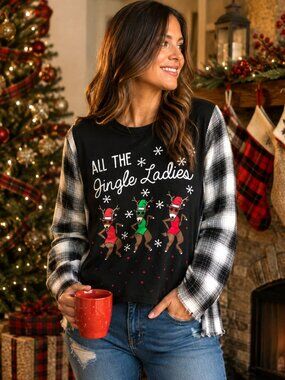 Upcycled Flannel Holiday Shirt, Christmas Graphics Jingle Ladies Size S - M